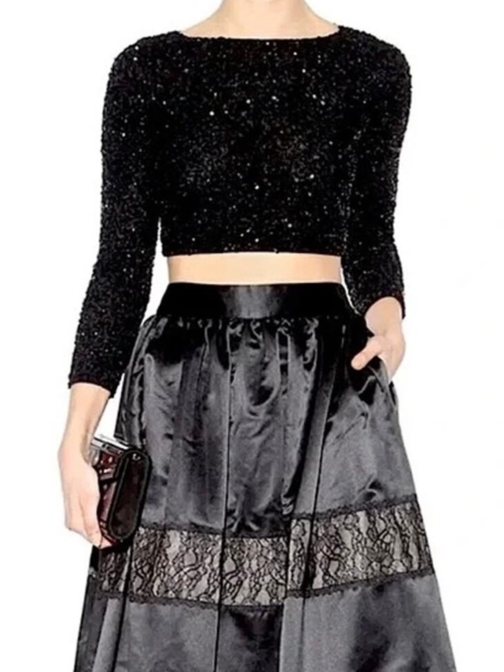 Alice + Olivia Lacey Black Beaded Cropped Sequin Top Sz 0